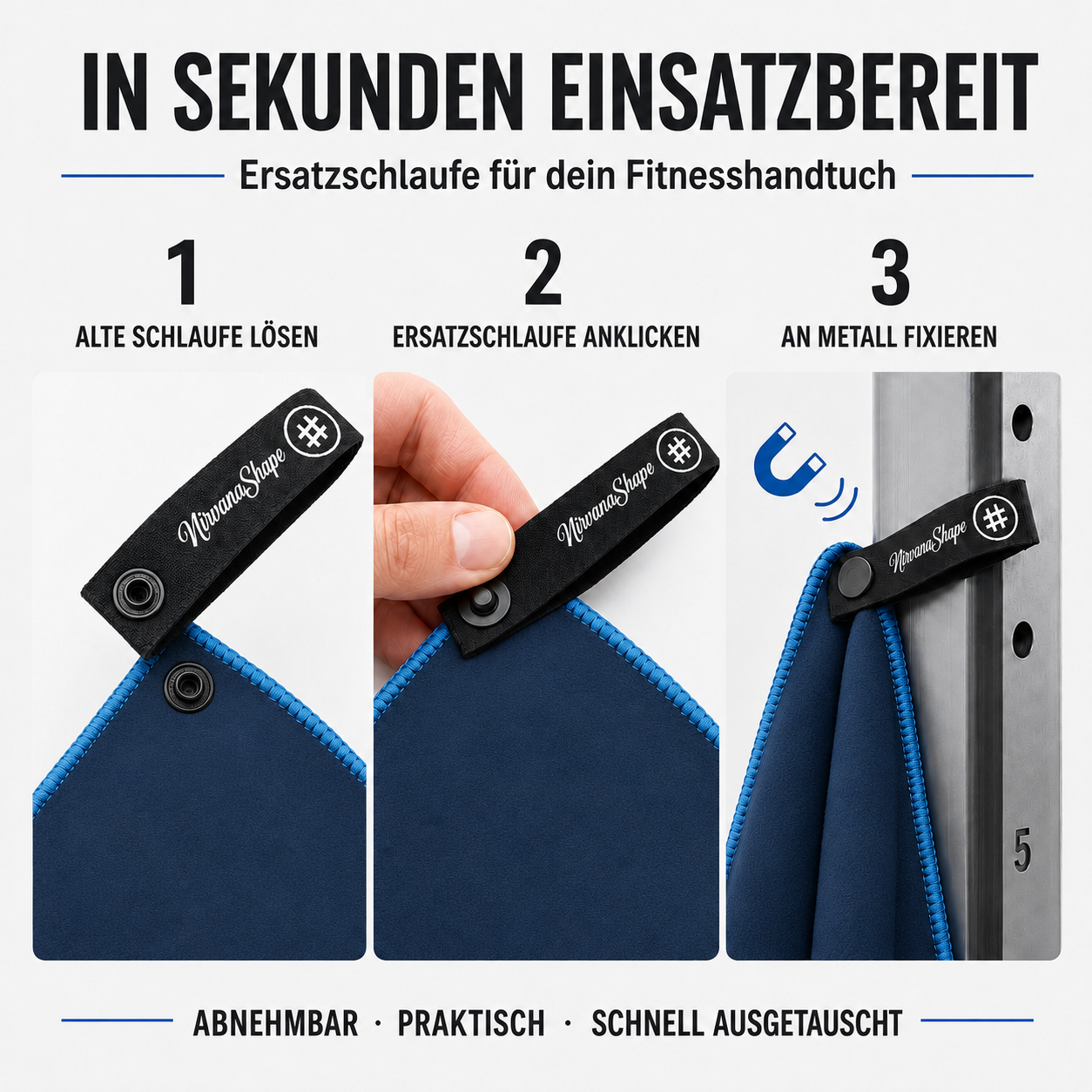 NirvanaShape Ersatz-Magnetschlaufe für Fitnesshandtuch – abnehmbare Magnethalterung mit Druckknopf – Schwarz