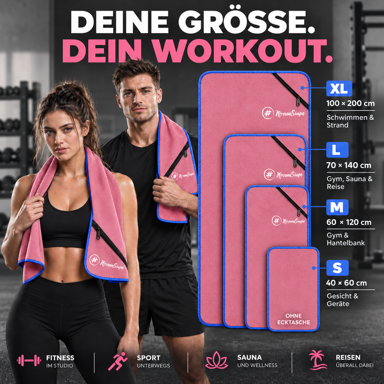 NirvanaShape Fitnesshandtuch Mikrofaser mit Ecktasche & Druckknöpfen - saugfähig, leicht, schnelltrocknend, für Reisen, Fitness, Yoga, Sauna