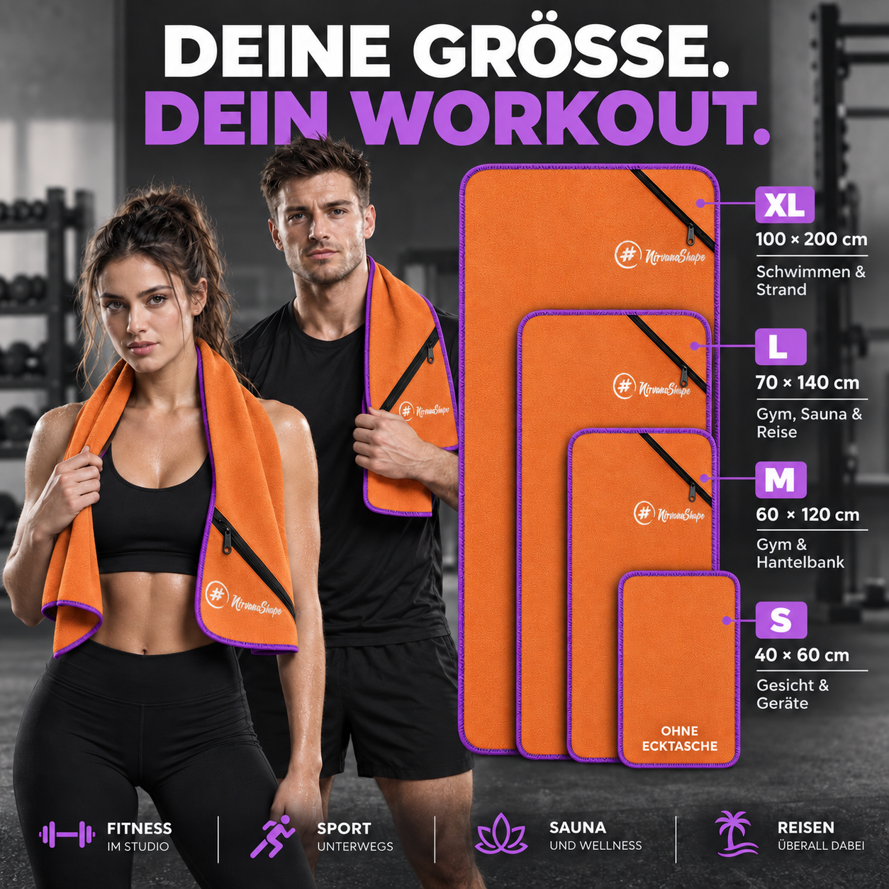 NirvanaShape Fitnesshandtuch Mikrofaser mit Ecktasche & Druckknöpfen - saugfähig, leicht, schnelltrocknend, für Reisen, Fitness, Yoga, Sauna