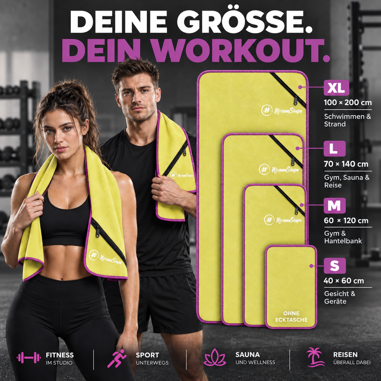 NirvanaShape Fitnesshandtuch Mikrofaser mit Ecktasche & Druckknöpfen - saugfähig, leicht, schnelltrocknend, für Reisen, Fitness, Yoga, Sauna