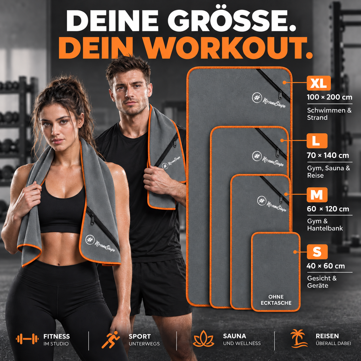 NirvanaShape Fitnesshandtuch Mikrofaser mit Ecktasche & Druckknöpfen - saugfähig, leicht, schnelltrocknend, für Reisen, Fitness, Yoga, Sauna