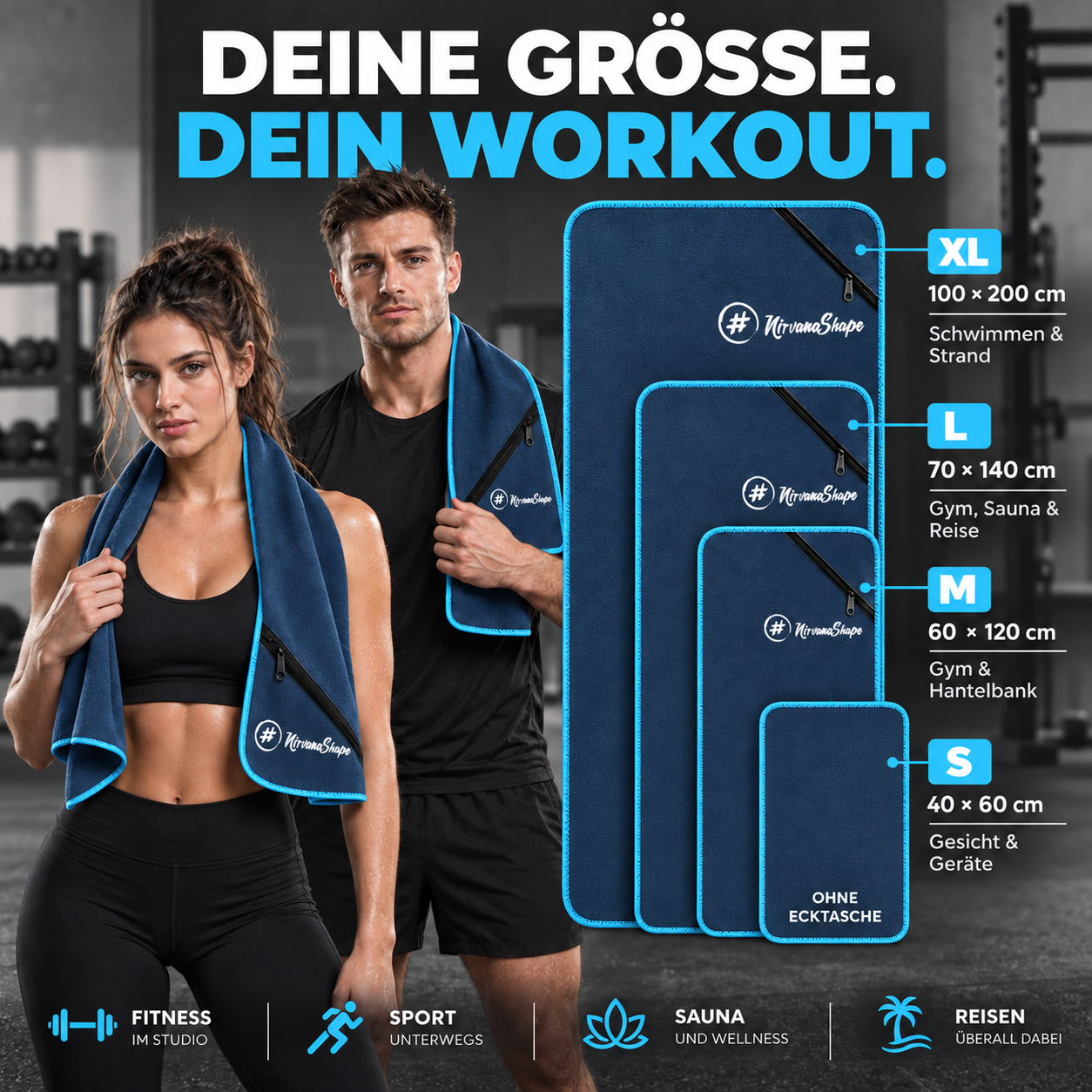 NirvanaShape Fitnesshandtuch Mikrofaser mit Ecktasche & Druckknöpfen - saugfähig, leicht, schnelltrocknend, für Reisen, Fitness, Yoga, Sauna