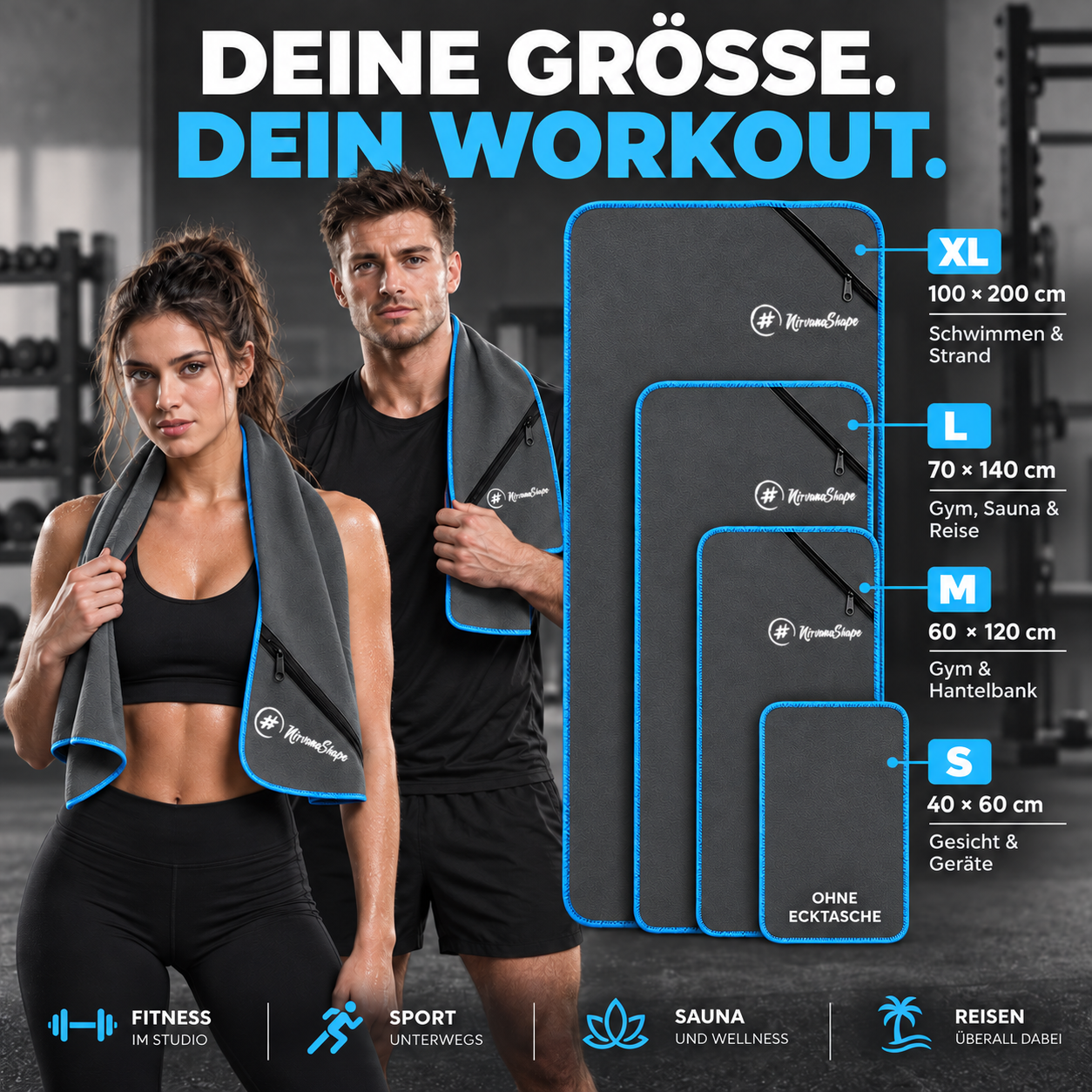 NirvanaShape Fitnesshandtuch Mikrofaser mit Ecktasche & Druckknöpfen - saugfähig, leicht, schnelltrocknend, für Reisen, Fitness, Yoga, Sauna