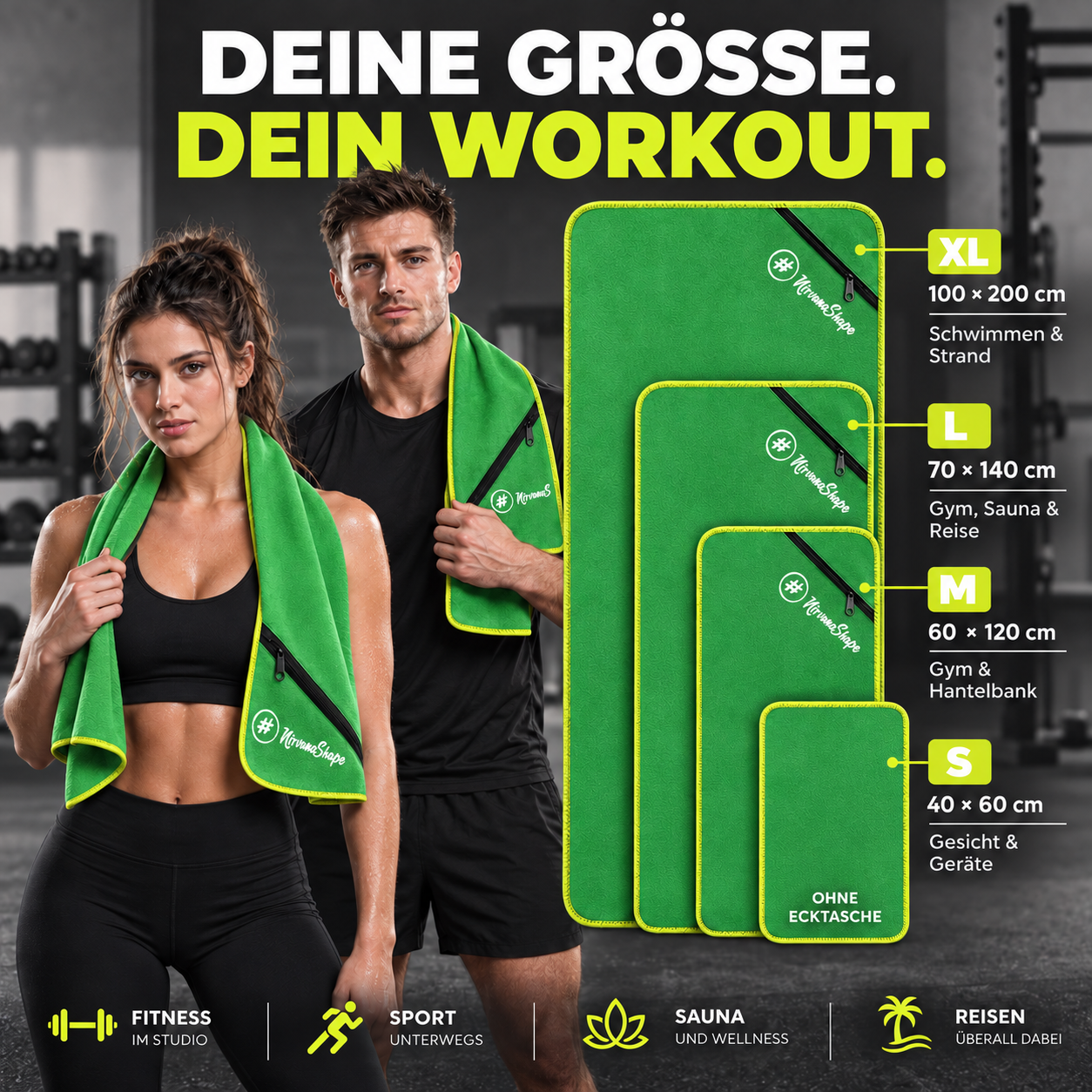 NirvanaShape Fitnesshandtuch Mikrofaser mit Ecktasche & Druckknöpfen - saugfähig, leicht, schnelltrocknend, für Reisen, Fitness, Yoga, Sauna