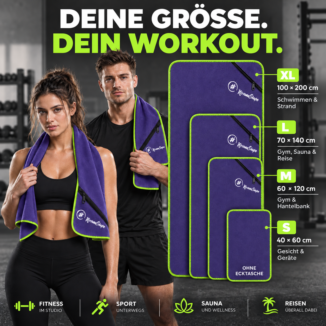 NirvanaShape Fitnesshandtuch Mikrofaser mit Ecktasche & Druckknöpfen - saugfähig, leicht, schnelltrocknend, für Reisen, Fitness, Yoga, Sauna
