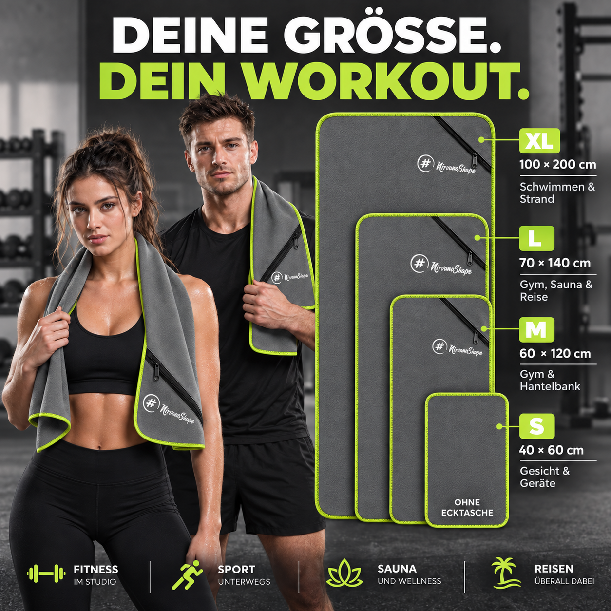NirvanaShape Fitnesshandtuch Mikrofaser mit Ecktasche & Druckknöpfen - saugfähig, leicht, schnelltrocknend, für Reisen, Fitness, Yoga, Sauna