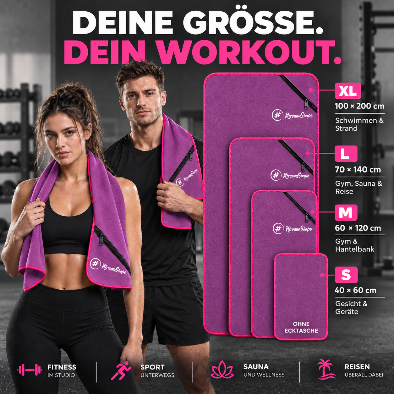 NirvanaShape Fitnesshandtuch Mikrofaser mit Ecktasche & Druckknöpfen - saugfähig, leicht, schnelltrocknend, für Reisen, Fitness, Yoga, Sauna