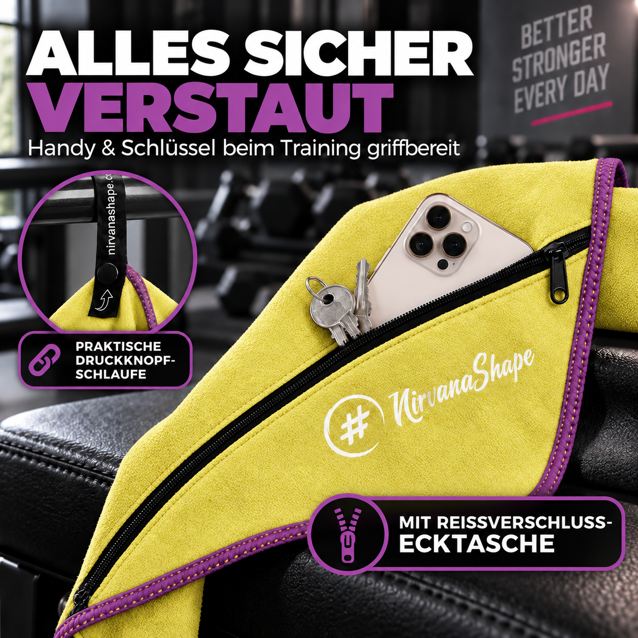 NirvanaShape Fitnesshandtuch Mikrofaser mit Ecktasche & Druckknöpfen - saugfähig, leicht, schnelltrocknend, für Reisen, Fitness, Yoga, Sauna