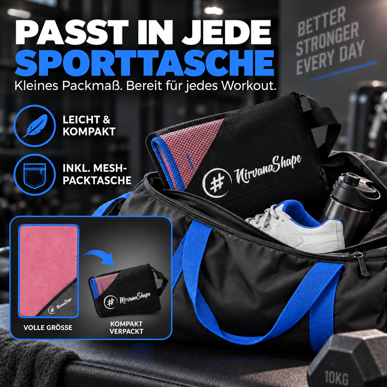 NirvanaShape Fitnesshandtuch Mikrofaser mit Ecktasche & Druckknöpfen - saugfähig, leicht, schnelltrocknend, für Reisen, Fitness, Yoga, Sauna