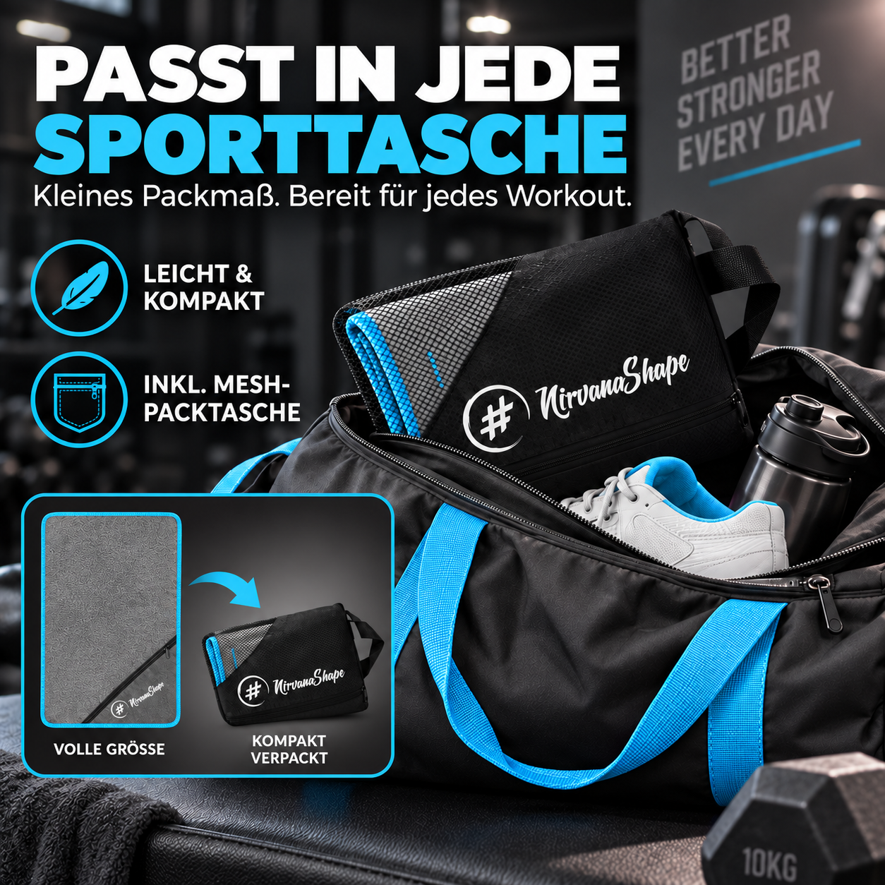 NirvanaShape Fitnesshandtuch Mikrofaser mit Ecktasche & Druckknöpfen - saugfähig, leicht, schnelltrocknend, für Reisen, Fitness, Yoga, Sauna