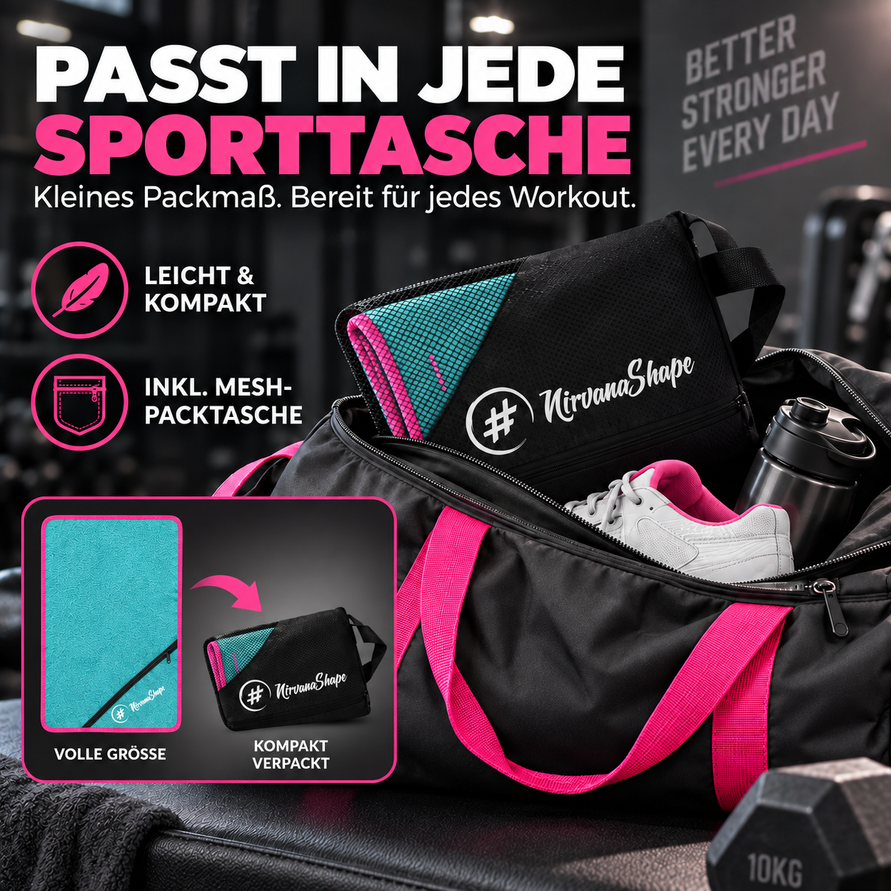 NirvanaShape Fitnesshandtuch Mikrofaser mit Ecktasche & Druckknöpfen - saugfähig, leicht, schnelltrocknend, für Reisen, Fitness, Yoga, Sauna
