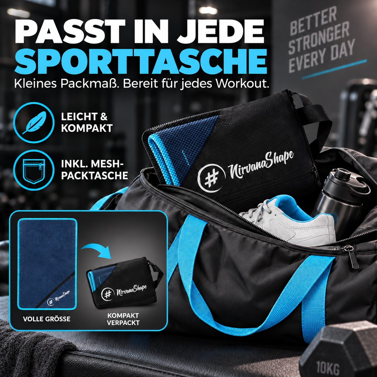NirvanaShape Fitnesshandtuch Mikrofaser mit Ecktasche & Druckknöpfen - saugfähig, leicht, schnelltrocknend, für Reisen, Fitness, Yoga, Sauna