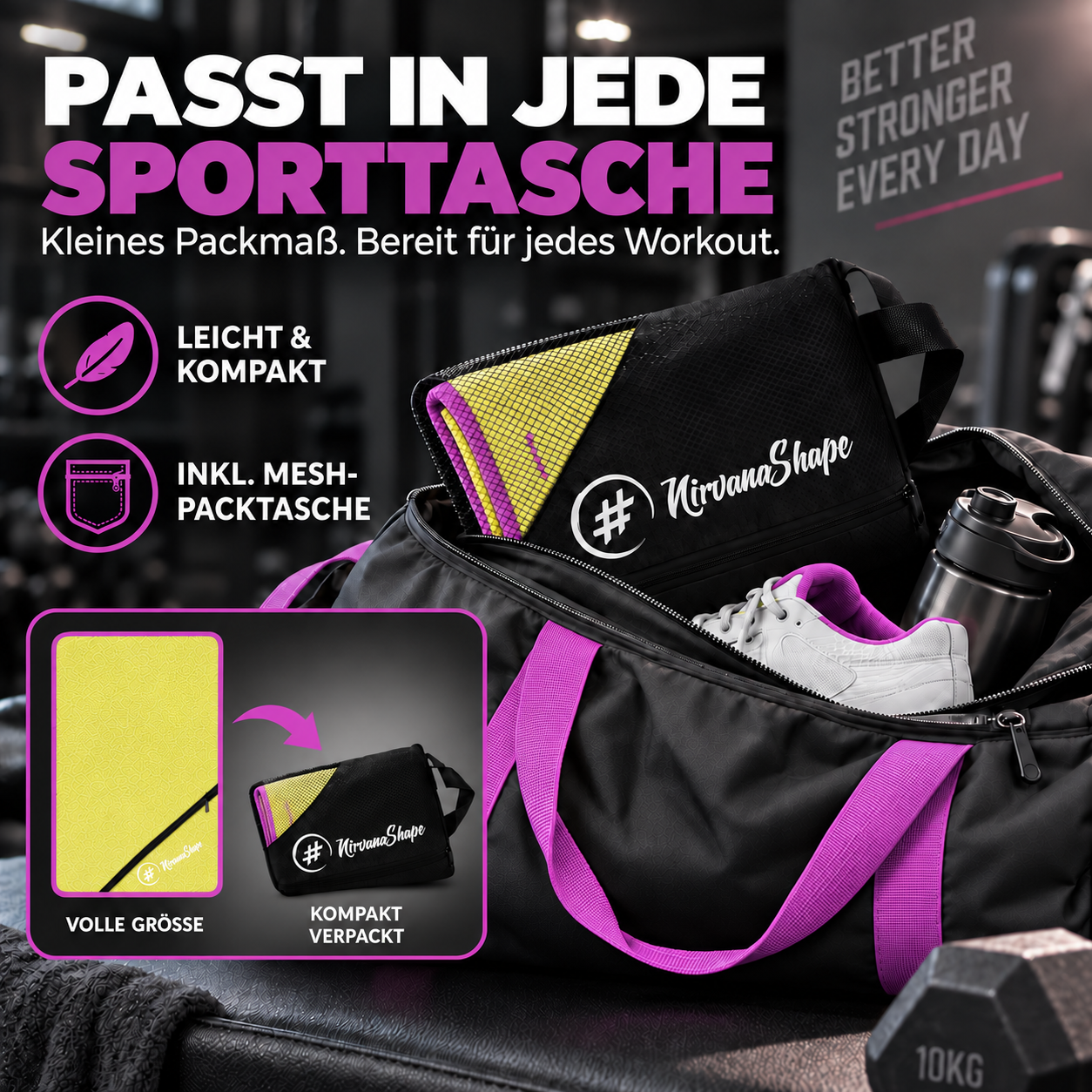 NirvanaShape Fitnesshandtuch Mikrofaser mit Ecktasche & Druckknöpfen - saugfähig, leicht, schnelltrocknend, für Reisen, Fitness, Yoga, Sauna