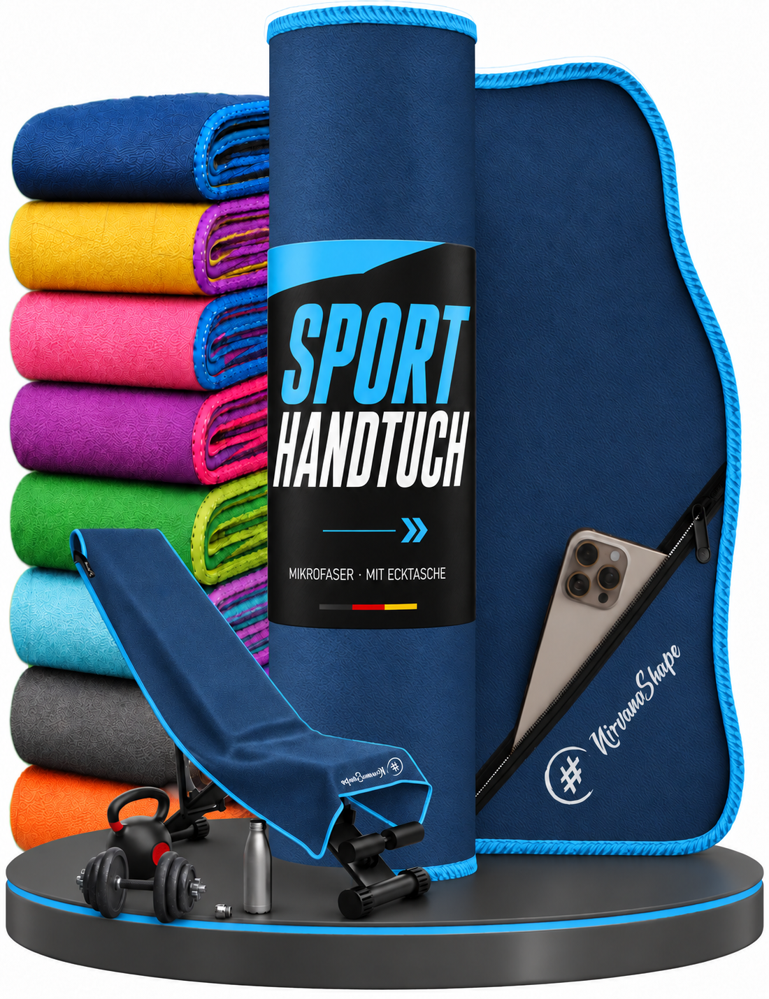 NirvanaShape Fitnesshandtuch Mikrofaser mit Ecktasche & Druckknöpfen - saugfähig, leicht, schnelltrocknend, für Reisen, Fitness, Yoga, Sauna