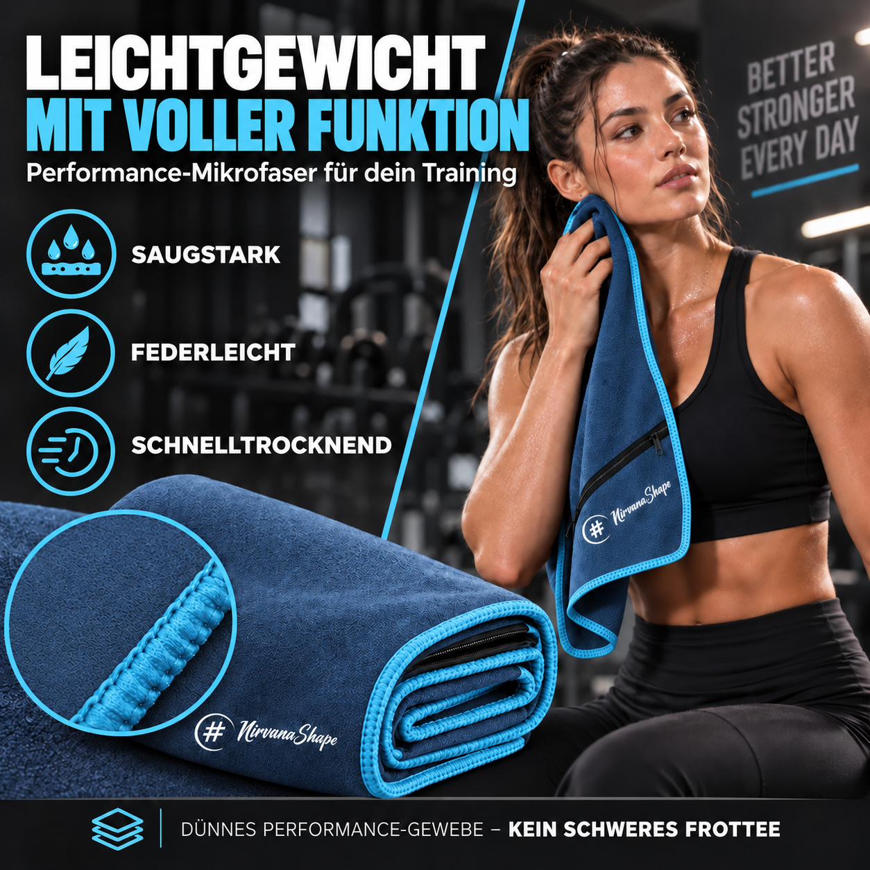 NirvanaShape Fitnesshandtuch Mikrofaser mit Ecktasche & Druckknöpfen - saugfähig, leicht, schnelltrocknend, für Reisen, Fitness, Yoga, Sauna