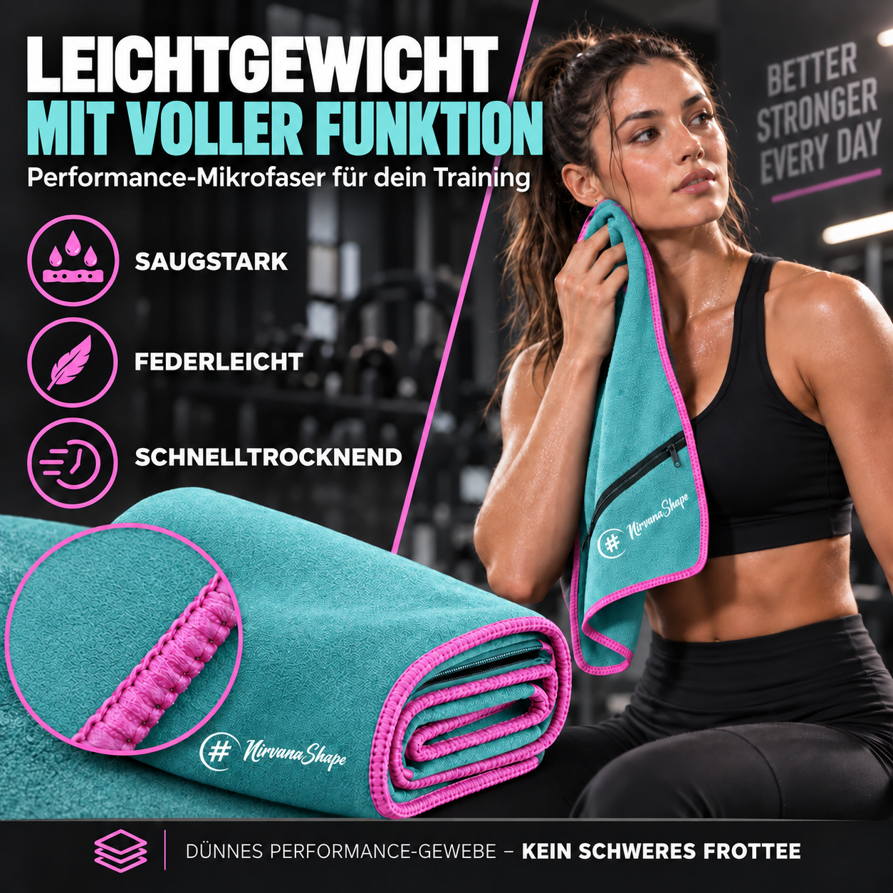 NirvanaShape Fitnesshandtuch Mikrofaser mit Ecktasche & Druckknöpfen - saugfähig, leicht, schnelltrocknend, für Reisen, Fitness, Yoga, Sauna