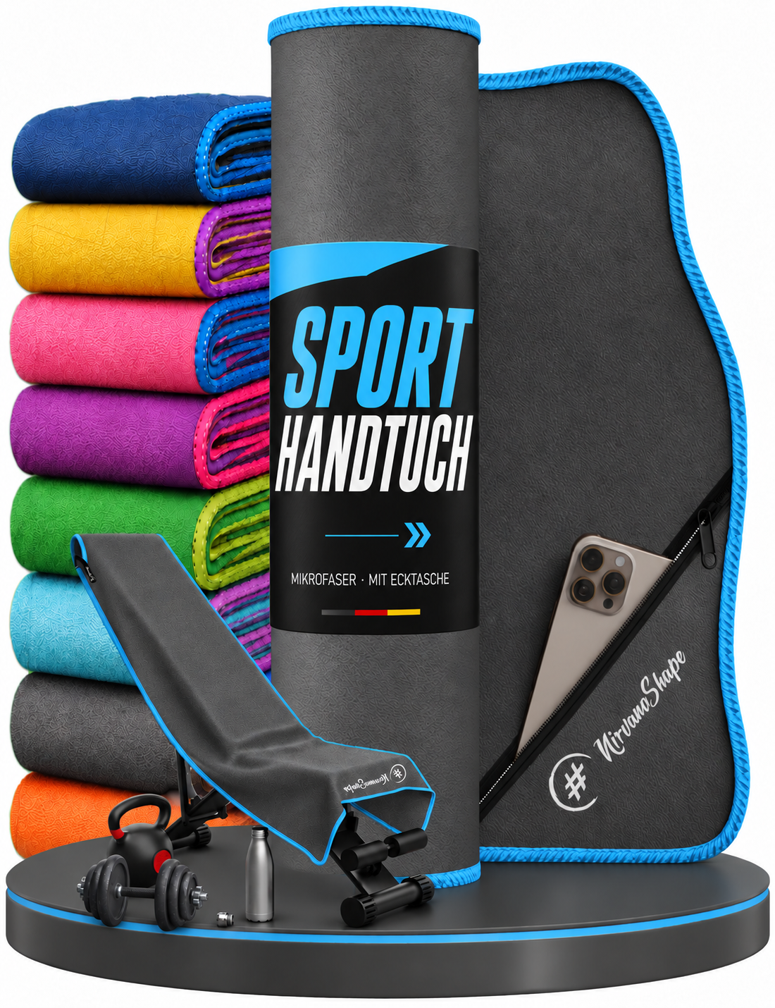 NirvanaShape Fitnesshandtuch Mikrofaser mit Ecktasche & Druckknöpfen - saugfähig, leicht, schnelltrocknend, für Reisen, Fitness, Yoga, Sauna
