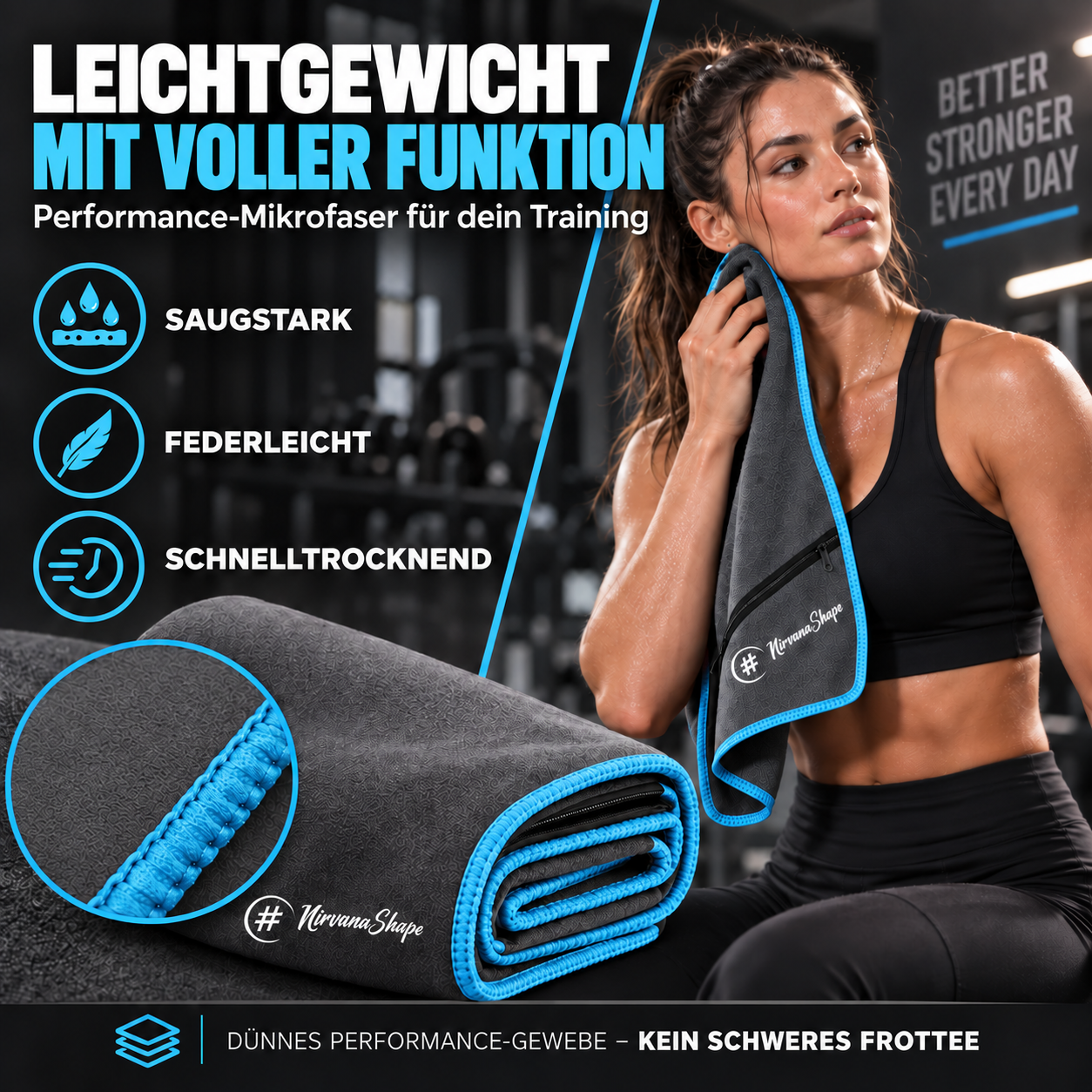 NirvanaShape Fitnesshandtuch Mikrofaser mit Ecktasche & Druckknöpfen - saugfähig, leicht, schnelltrocknend, für Reisen, Fitness, Yoga, Sauna