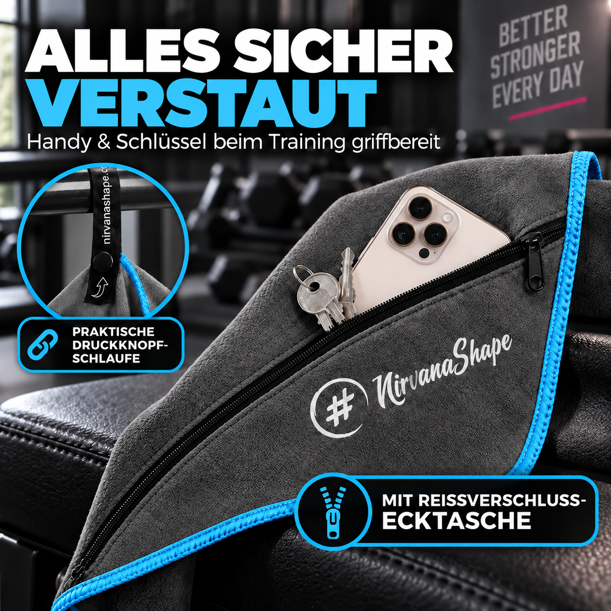 NirvanaShape Fitnesshandtuch Mikrofaser mit Ecktasche & Druckknöpfen - saugfähig, leicht, schnelltrocknend, für Reisen, Fitness, Yoga, Sauna