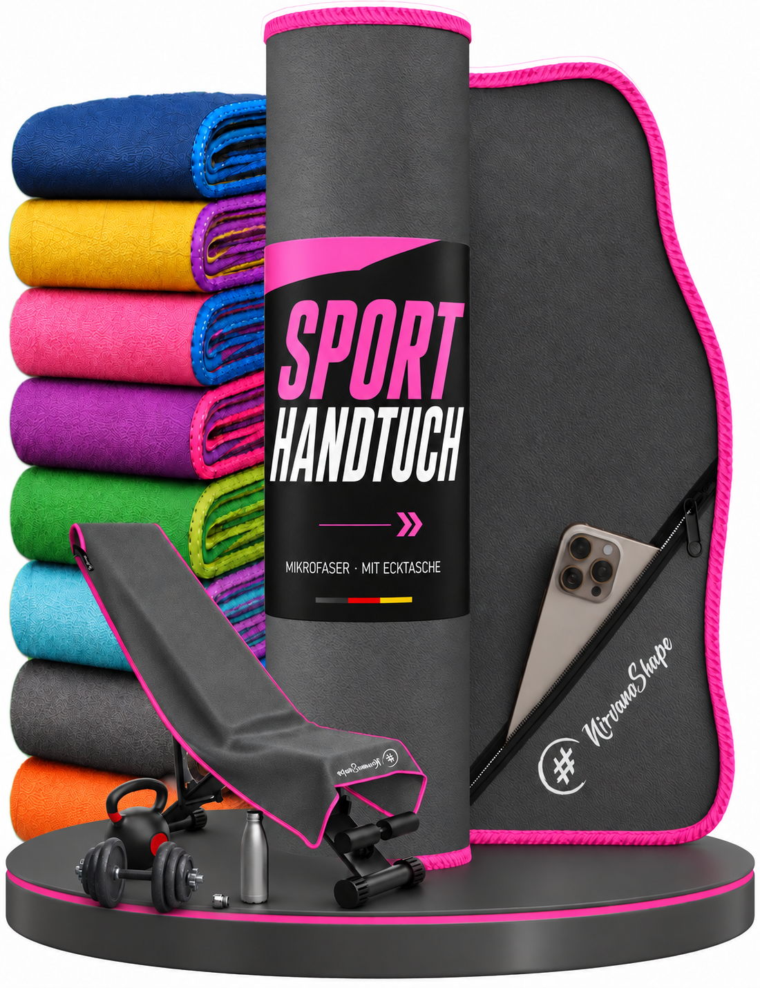 NirvanaShape Fitnesshandtuch Mikrofaser mit Ecktasche & Druckknöpfen - saugfähig, leicht, schnelltrocknend, für Reisen, Fitness, Yoga, Sauna