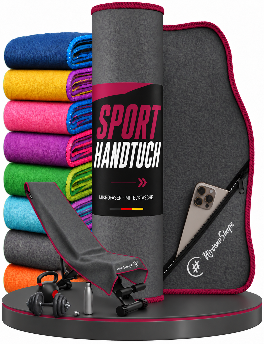 NirvanaShape Fitnesshandtuch Mikrofaser mit Ecktasche & Druckknöpfen - saugfähig, leicht, schnelltrocknend, für Reisen, Fitness, Yoga, Sauna