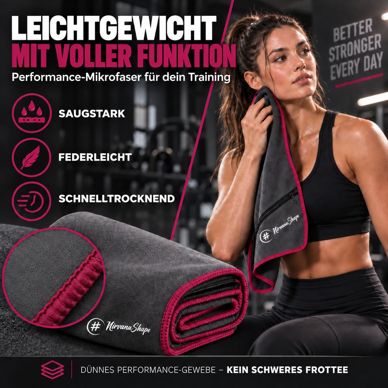 NirvanaShape Fitnesshandtuch Mikrofaser mit Ecktasche & Druckknöpfen - saugfähig, leicht, schnelltrocknend, für Reisen, Fitness, Yoga, Sauna