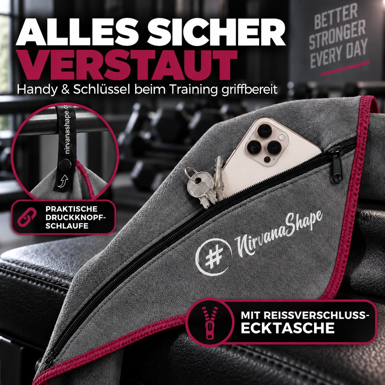 NirvanaShape Fitnesshandtuch Mikrofaser mit Ecktasche & Druckknöpfen - saugfähig, leicht, schnelltrocknend, für Reisen, Fitness, Yoga, Sauna