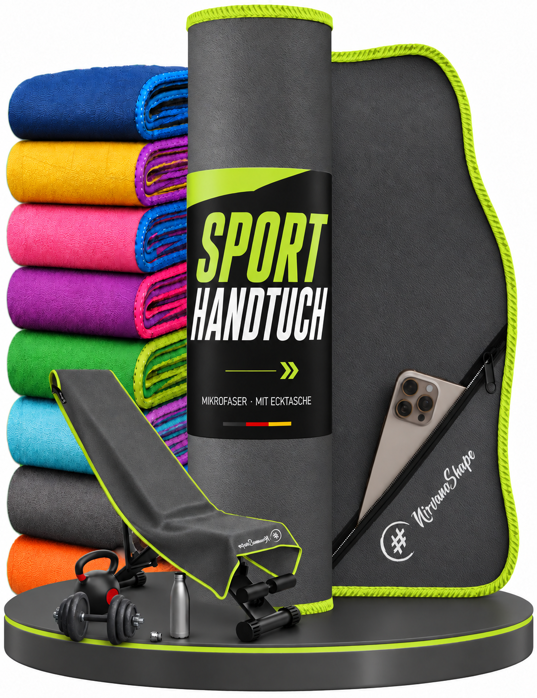 NirvanaShape Fitnesshandtuch Mikrofaser mit Ecktasche & Druckknöpfen - saugfähig, leicht, schnelltrocknend, für Reisen, Fitness, Yoga, Sauna