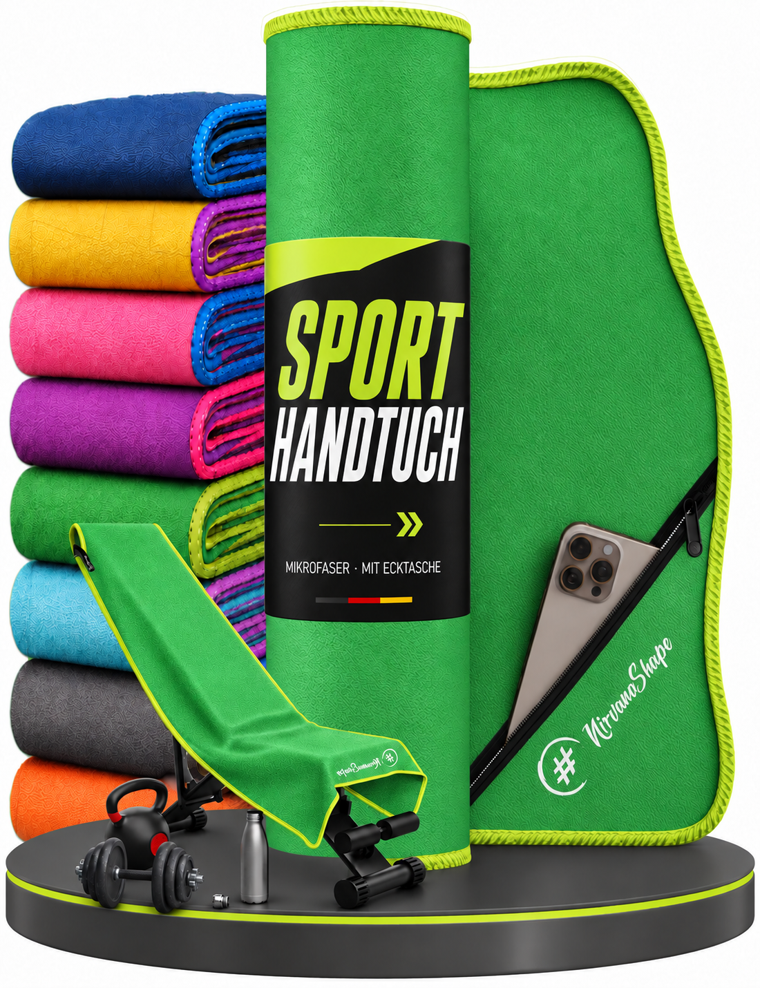 NirvanaShape Fitnesshandtuch Mikrofaser mit Ecktasche & Druckknöpfen - saugfähig, leicht, schnelltrocknend, für Reisen, Fitness, Yoga, Sauna