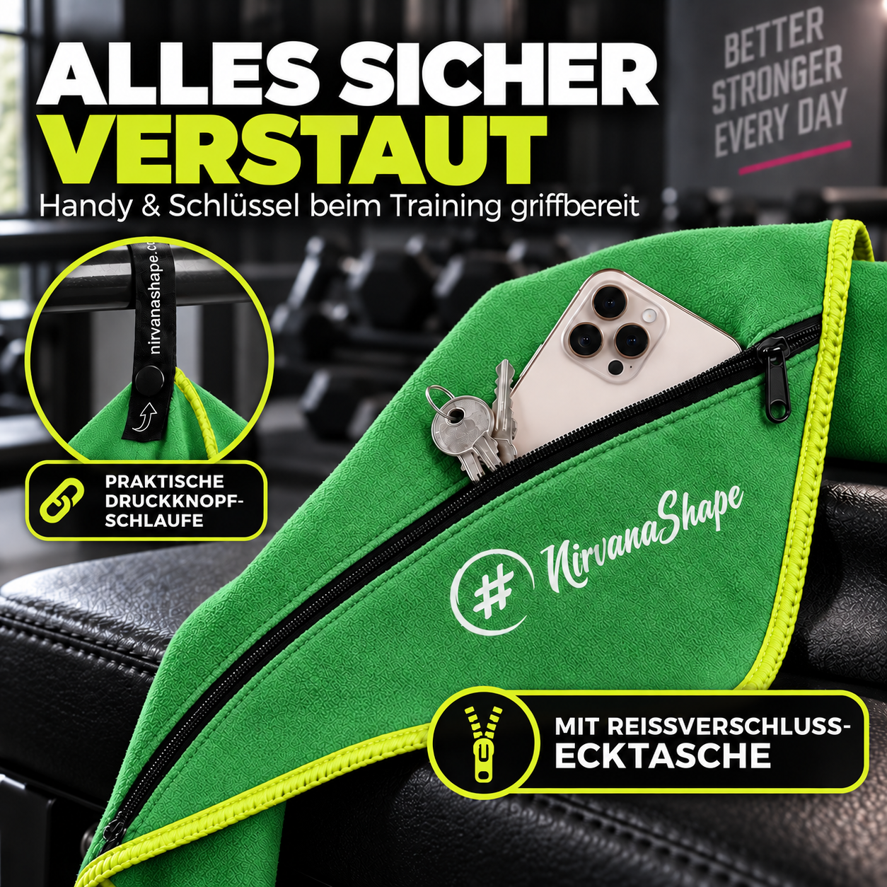 NirvanaShape Fitnesshandtuch Mikrofaser mit Ecktasche & Druckknöpfen - saugfähig, leicht, schnelltrocknend, für Reisen, Fitness, Yoga, Sauna