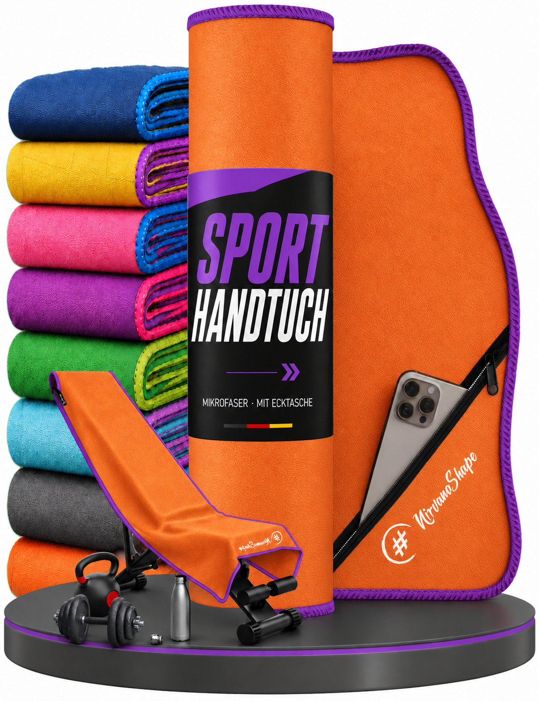 NirvanaShape Fitnesshandtuch Mikrofaser mit Ecktasche & Druckknöpfen - saugfähig, leicht, schnelltrocknend, für Reisen, Fitness, Yoga, Sauna