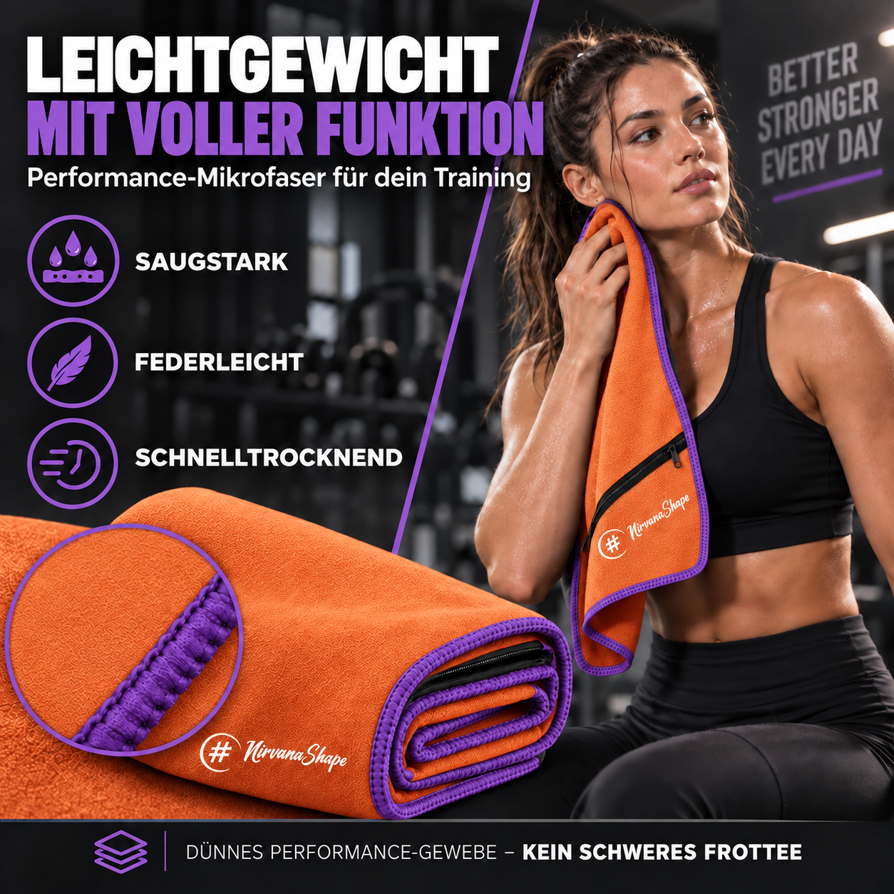 NirvanaShape Fitnesshandtuch Mikrofaser mit Ecktasche & Druckknöpfen - saugfähig, leicht, schnelltrocknend, für Reisen, Fitness, Yoga, Sauna