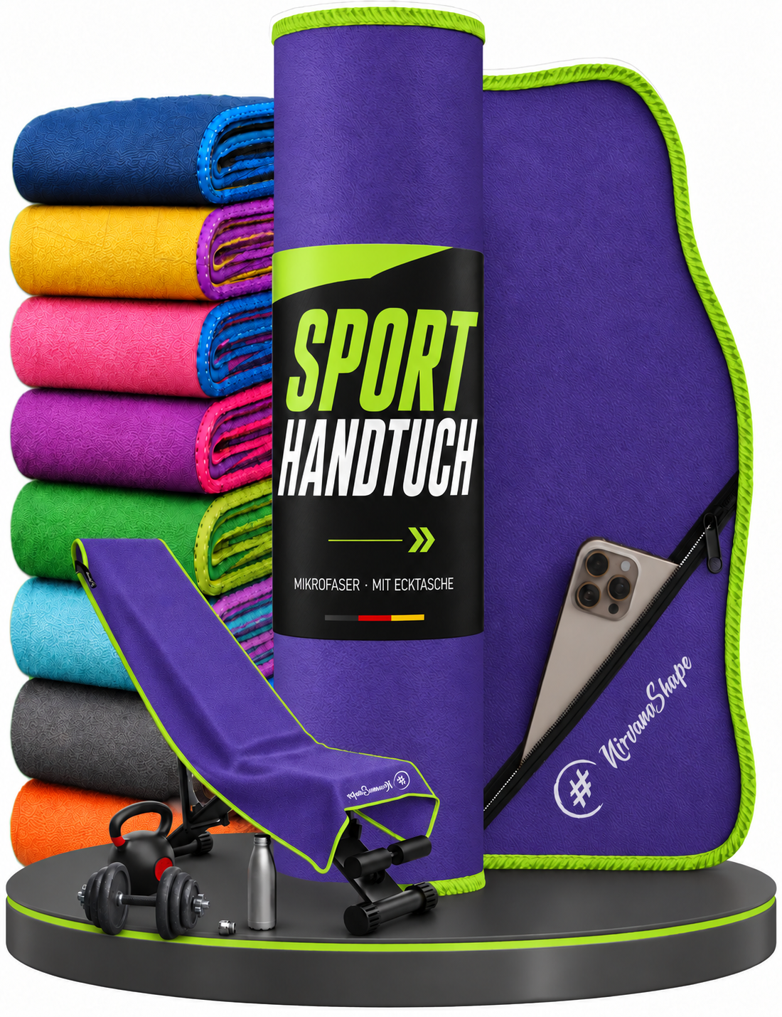 NirvanaShape Fitnesshandtuch Mikrofaser mit Ecktasche & Druckknöpfen - saugfähig, leicht, schnelltrocknend, für Reisen, Fitness, Yoga, Sauna
